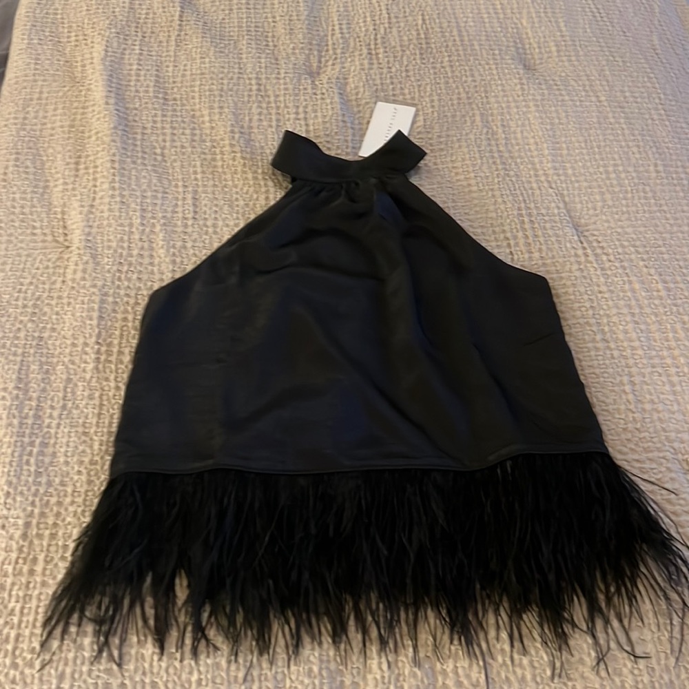 Endless Rose Black Halter-cut, Sleeveless Blouse w/ Bow Tie Back and Feathers!